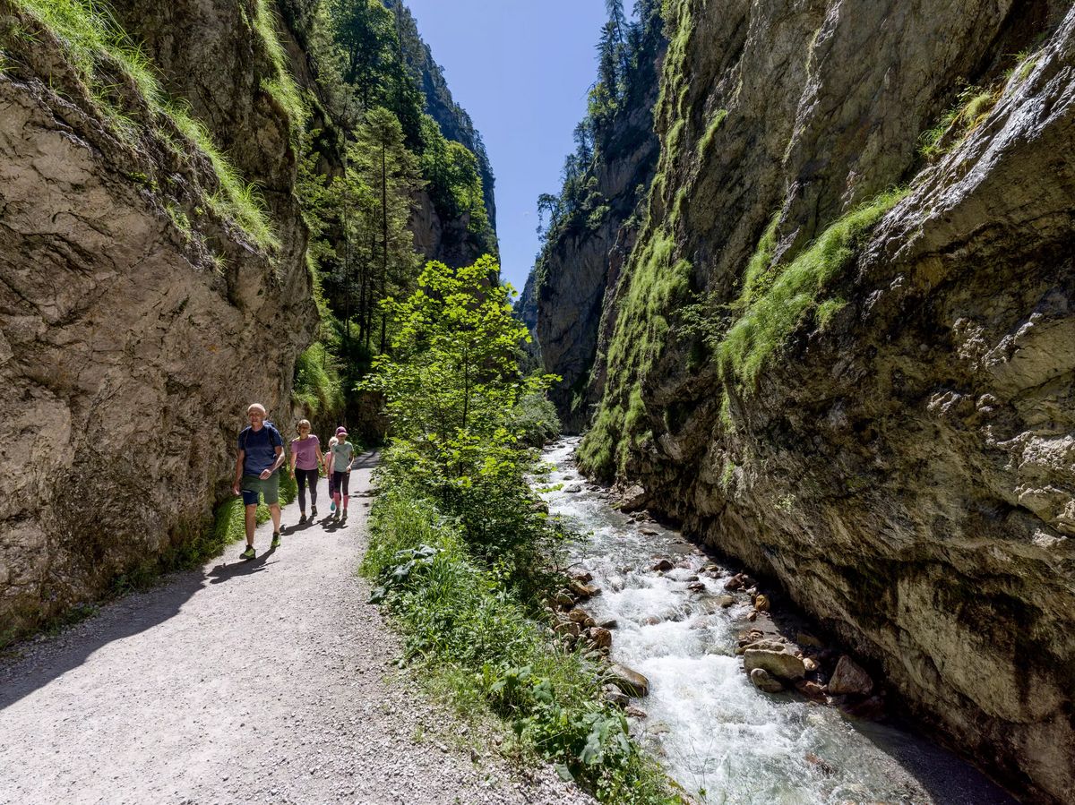 Eine Gruppe von vier Personen wandert auf einem Schotterweg durch eine enge Schlucht mit hohen Felswänden und einem Flussbett auf der rechten Seite.